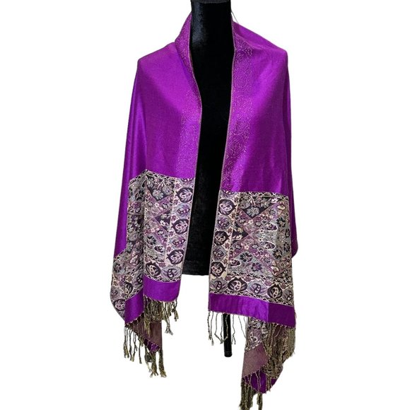 Unbranded Scarf Womens Long Rectangle Purple Floral Classic Boho Woven Fringe - Picture 2 of 12